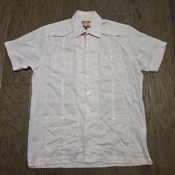 San Cristobal Classic Guayabera Peach Pink Medium Pleated Pockets - Picture 1 of 7